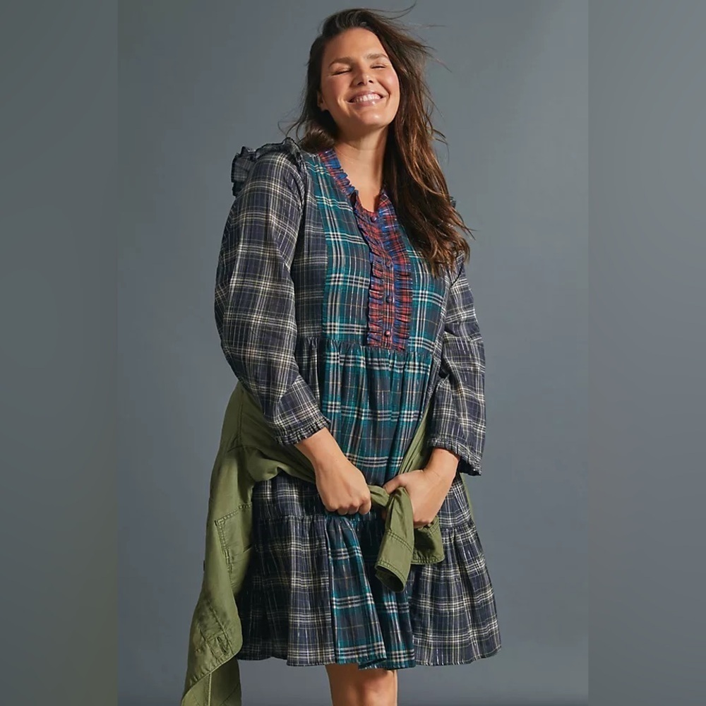 Anthropologie Dhruv Kapoor Ariana Ruffled Mini Dress Size XLarge Plaid Metallic